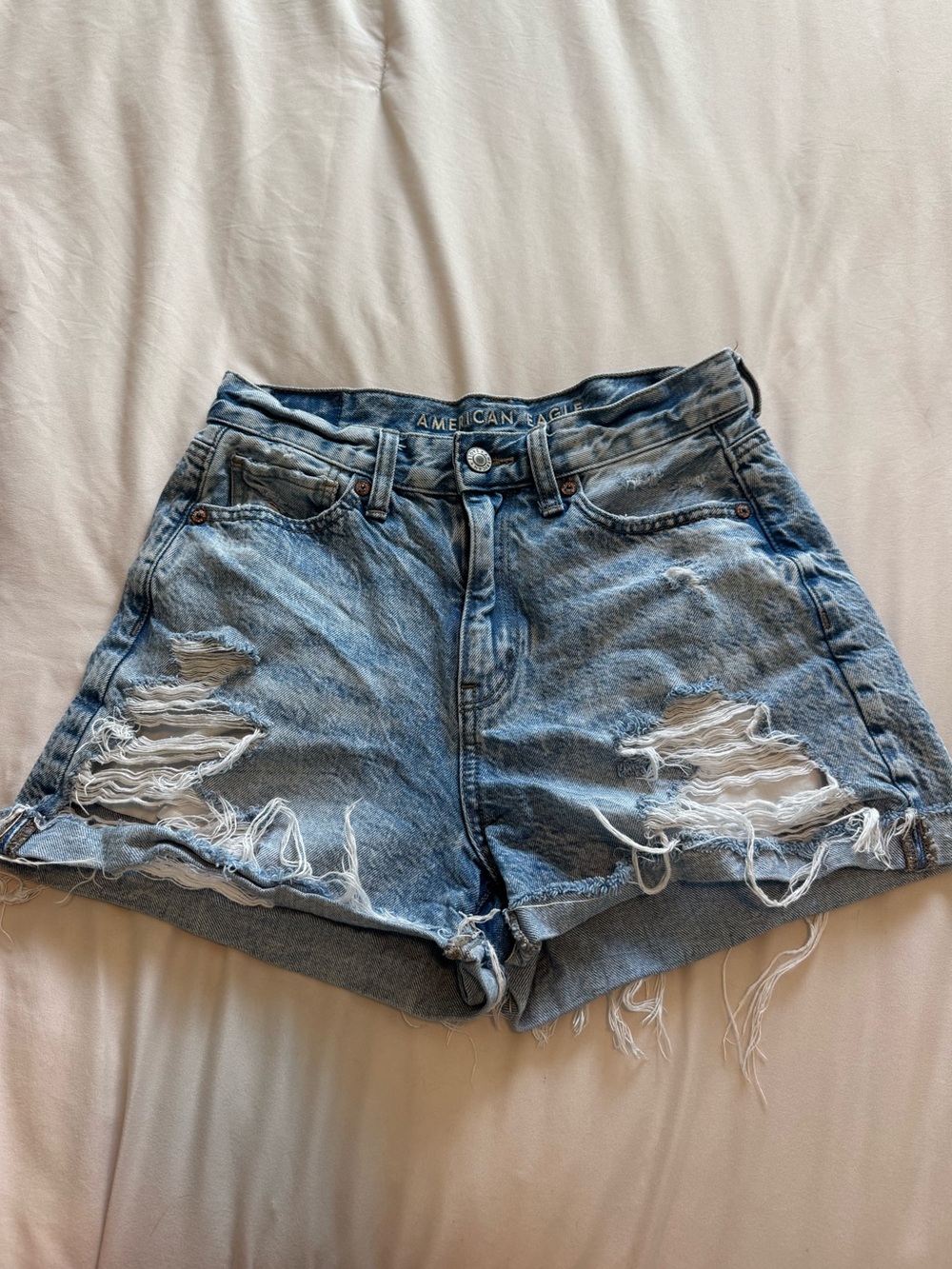 American Eagle Outfitters Light Blue Ripped High-Rise Denim Shorts